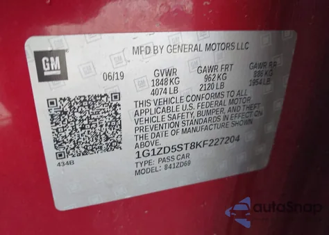 2019 Chevrolet Malibu Lt z USA, uszkodzony, nr VIN 1G1ZD5ST8KF227204